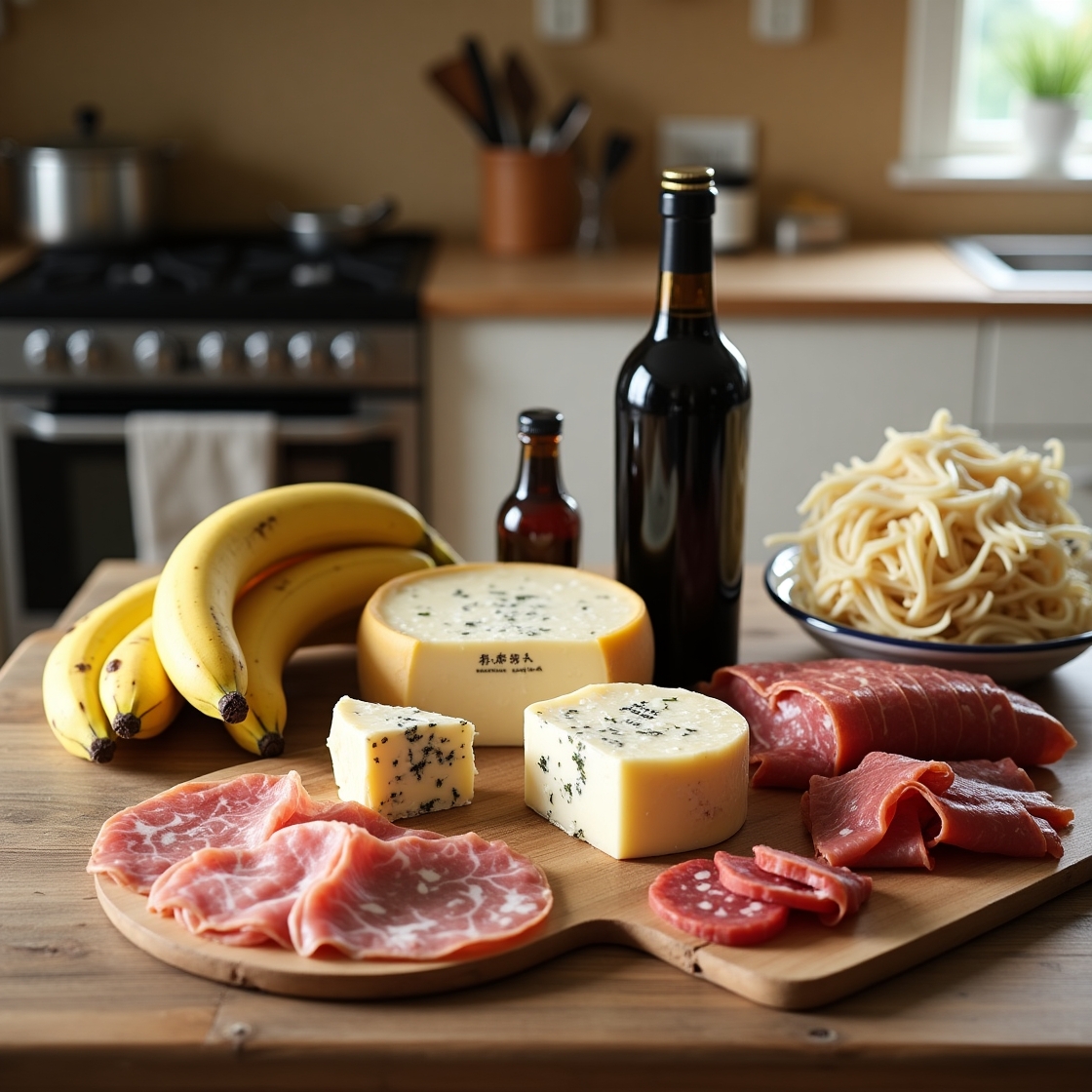 Tyramine-rich foods like cheese, red wine, bananas, cured meats, and fermented items on a wooden kitchen table